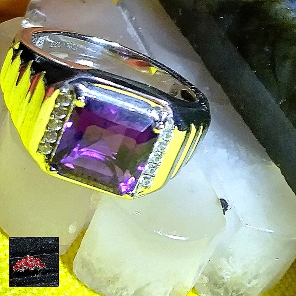 MEN'S- AFRICAN AMETHYST & WHITE TOPAZ ON THE SHOULDERS. RIBBED STERLING RING. 12 - Picture 5 of 16